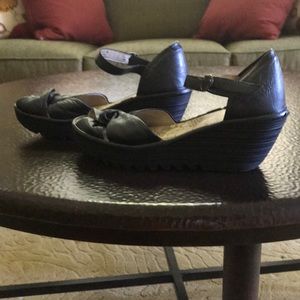 FLY London black peep-toe wedge sandals. 39/8-8.5